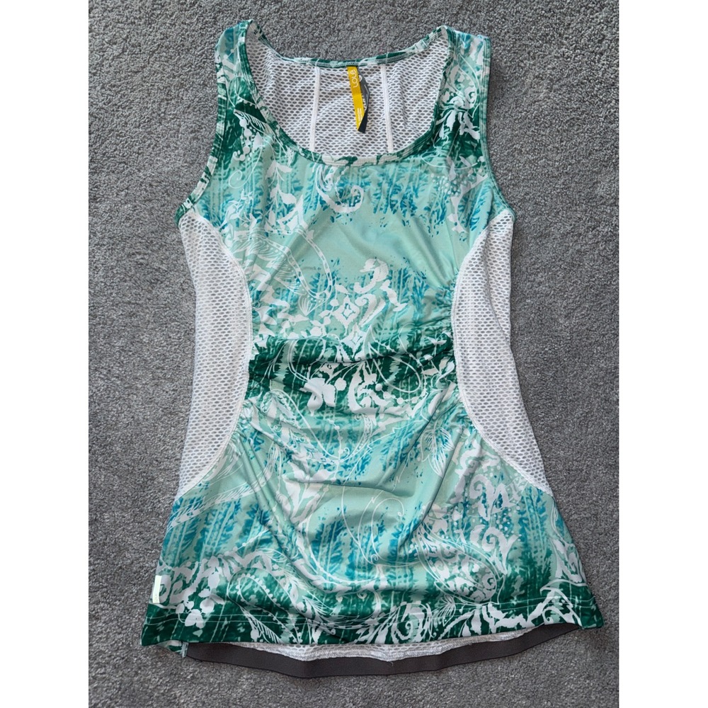 Lole Women Medium Green Teal Paisley Mesh Back Activewear Tank Top with Pockets